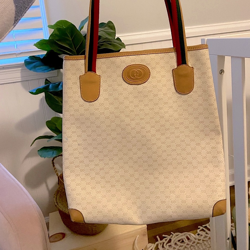 Vintage Gucci Micro GG Tote With Tan Leather And Gucci Red/Green Web Handles.